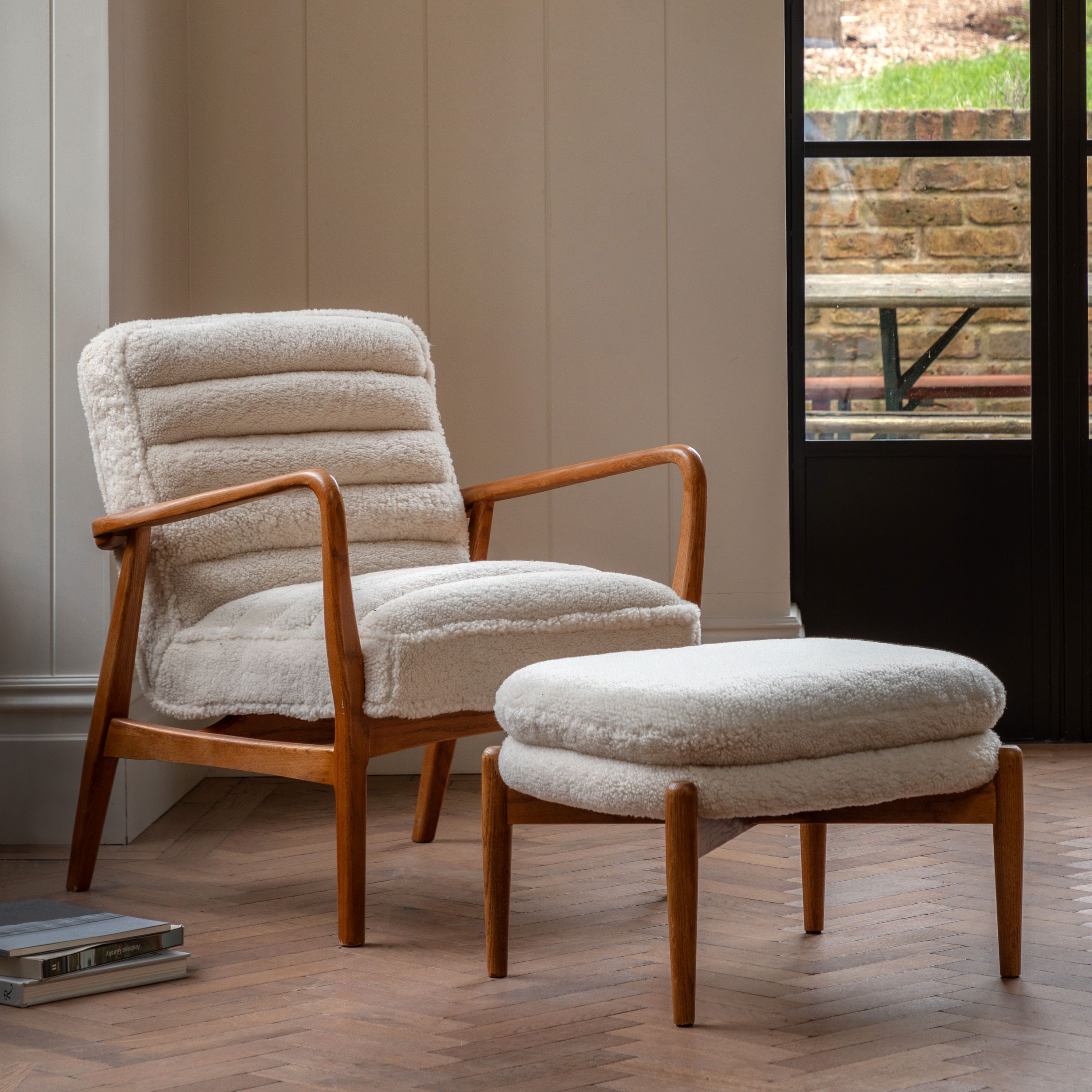 Langham Cream Sheepskin & Oak Wood Armchair